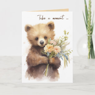 Tarjeta Oso Marrón De Color Agua Con Bouquet De Flor