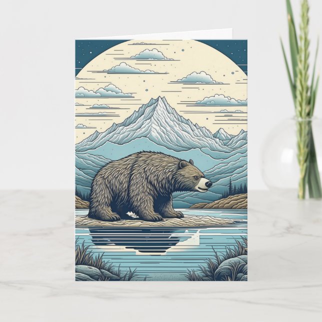 Tarjeta Oso, Montañas, Lago, Cumpleaños Luna Llena (Anverso)