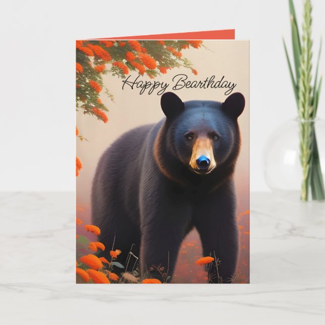 Tarjeta Oso negro en flores Naranjas (Anverso)