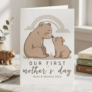 Tarjeta Oso Neutral Suave Mamá Bebé Primer Día de las Madr