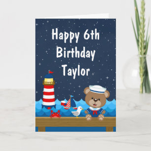 Tarjeta Oso Niño Náutico Rojo y Azul Marino Feliz Cumpleañ
