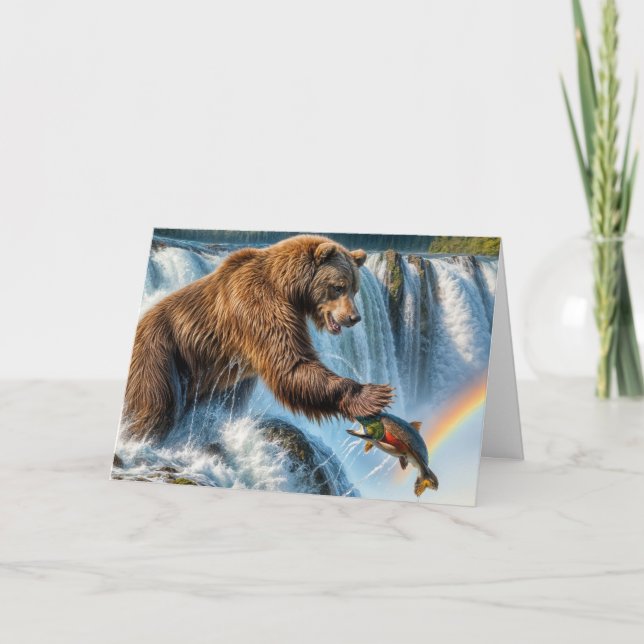 Tarjeta Oso pardo de 50 cumpleaños atrapando un salmón (Anverso)