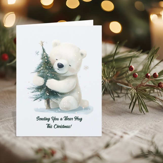 Tarjeta Oso Polar Adorable Abrazando árbol de Navidad, lin (Subido por el creador)