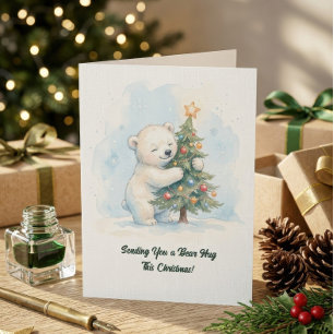 Tarjeta Oso Polar Adorable Abrazando Árbol de Navidad, Lin