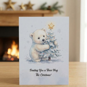 Tarjeta Oso Polar Adorable Abrazando Árbol de Navidad, Lin