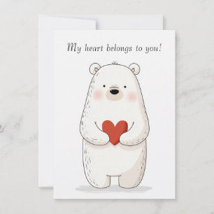 Tarjeta Oso Polar Adorable Abrazando un Corazón Rojo - Amo