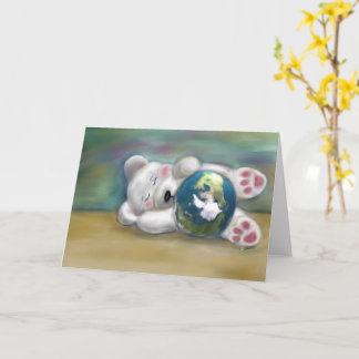 Tarjeta Oso Polar cachorro de bebé sujetando el planeta Ti