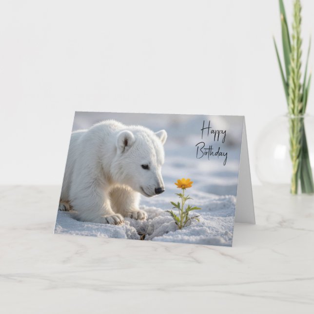 Tarjeta Oso Polar Cachorro de Cumpleaños Admirando una Mar (Anverso)
