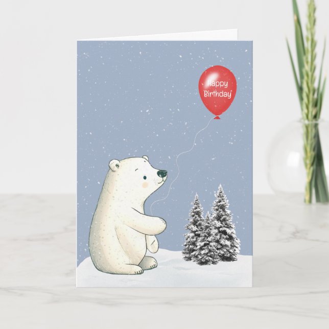 Tarjeta Oso Polar Con Globo Rojo De Cumpleaños (Anverso)