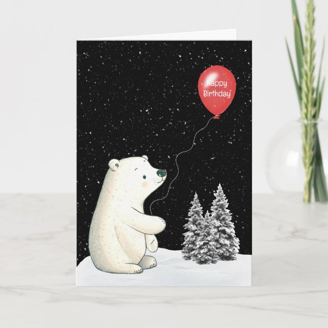Tarjeta Oso Polar Con Globo Rojo De Cumpleaños (Anverso)