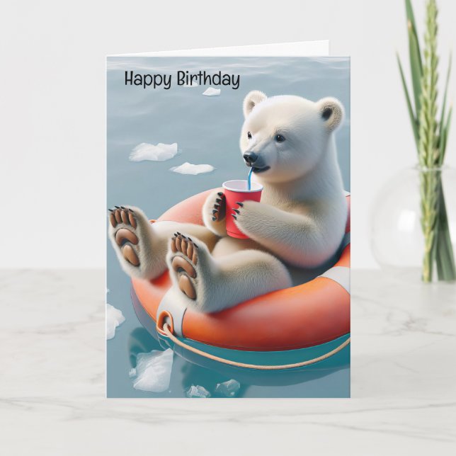Tarjeta Oso Polar de Cumpleaños bebiendo una bebida (Anverso)