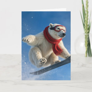 Tarjeta Oso Polar de Cumpleaños en el Aire sobre una Snowb