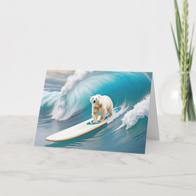 Tarjeta Oso Polar De Cumpleaños En Una Tabla De Surf (Anverso)