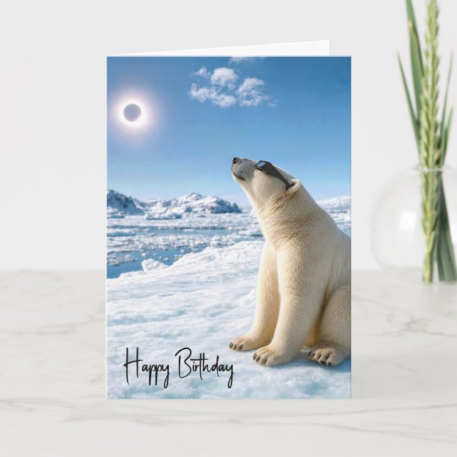 Tarjeta Oso polar de cumpleaños mirando el eclipse solar  (Anverso)