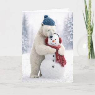 Tarjeta Oso Polar de Navidad Abrazando a un Muñeco de Niev