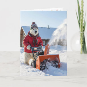 Tarjeta Oso polar de Navidad empujando una barredora de ni