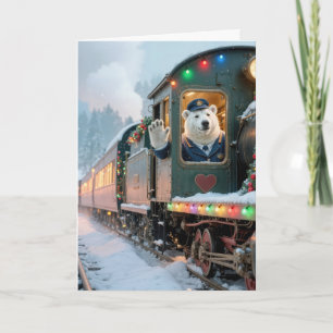 Tarjeta Oso Polar de Navidad en una Antigua Locomotora de
