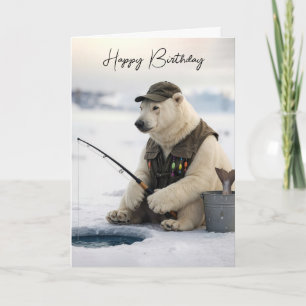 Tarjeta Oso Polar De Pescado De Cumpleaños En El Hielo