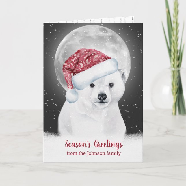 Tarjeta Oso Polar navidad en Nieve con Luna (Anverso)