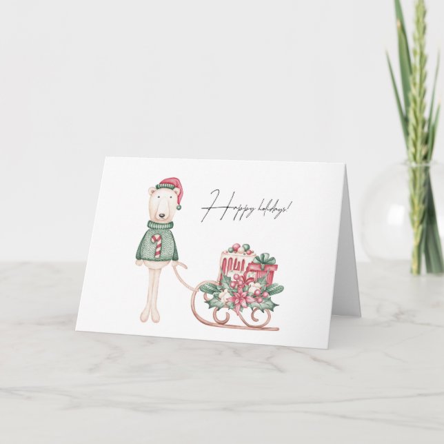 Tarjeta Oso Polar Vestido para Navidades Sleigh (Anverso)