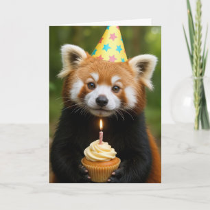 Tarjeta Oso Rojo Panda con un pastel de cumpleaños