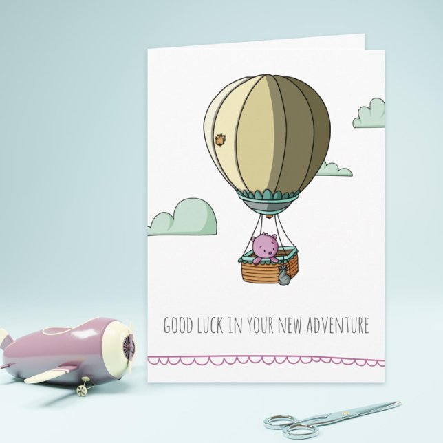Tarjeta Oso Rosa Buena Suerte en Globo Aerostático Despedi (Graduation or retirement card with a bear in a hot air balloon)