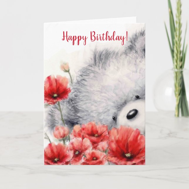 Tarjeta Oso sosteniendo flores rojas, cumpleaños feliz (Anverso)