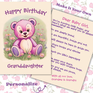 Tarjeta Oso Teddy rosa de primer cumpleaños de la nieta