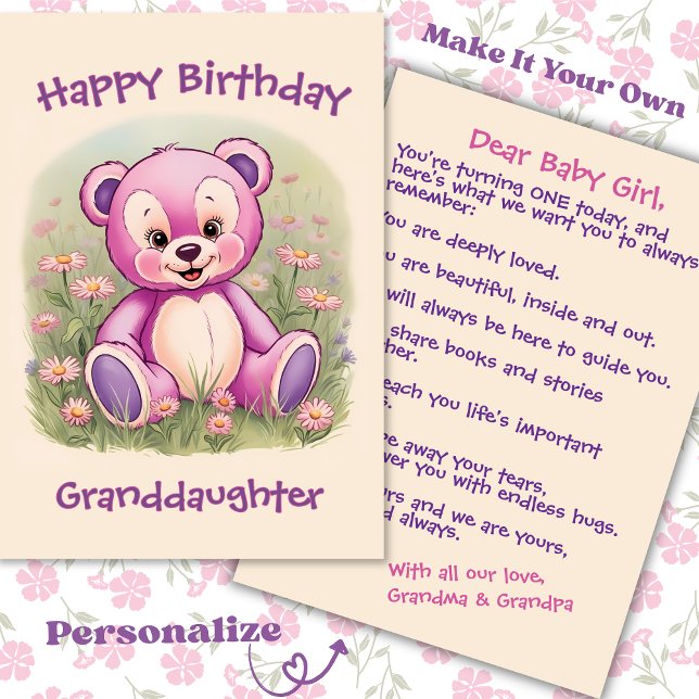 Tarjeta Oso Teddy rosa de primer cumpleaños de la nieta (Subido por el creador)