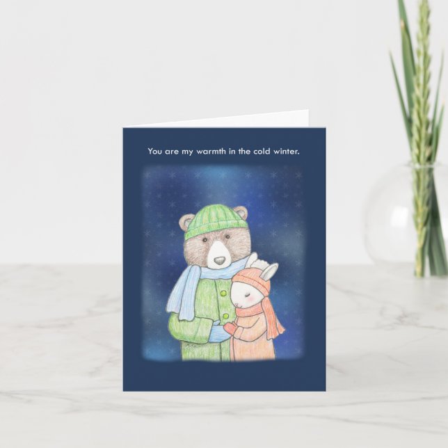 Tarjeta Oso y conejo en el aniversario de amor invernal (Anverso)