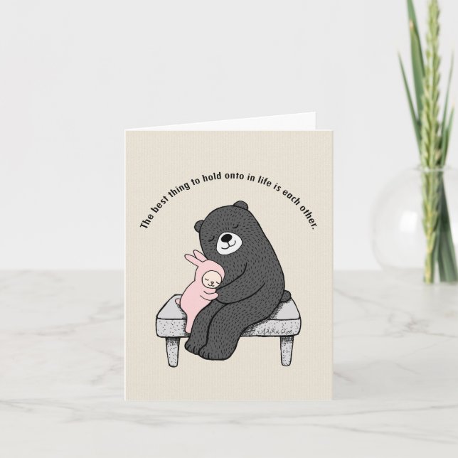 Tarjeta Oso y conejo en un banco abrazando el Aniversario  (Anverso)