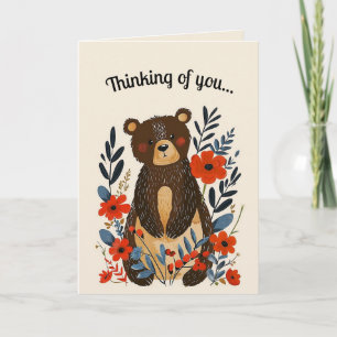 Tarjeta Oso y flores de arte popular editables
