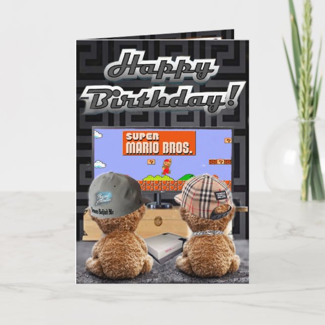 Tarjeta osos de cartas de cumpleaños jugando a mario (Anverso)
