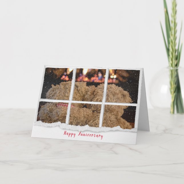Tarjeta osos de peluche de aniversario con chimenea (Anverso)