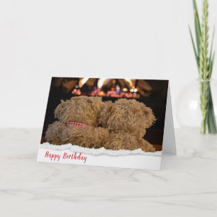 Tarjeta osos de peluche de cumpleaños por chimenea