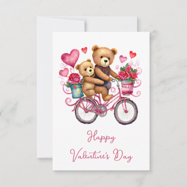 Tarjeta osos de peluche de San Valentín en bicicleta (Anverso)