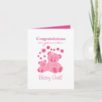 Osos de peluche rosados, felicitaciones a una bebé