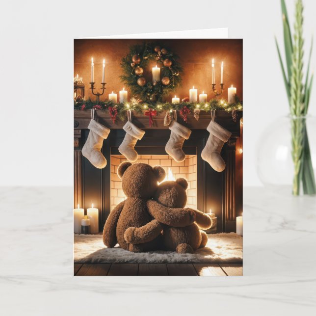 Tarjeta Osos De Teddy Frente A Una Chimenea De Navidades (Anverso)