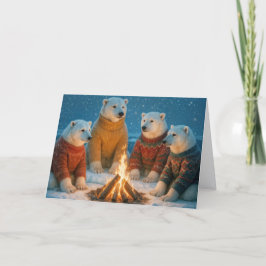 Tarjeta Osos Polares de Navidad alrededor de una hoguera