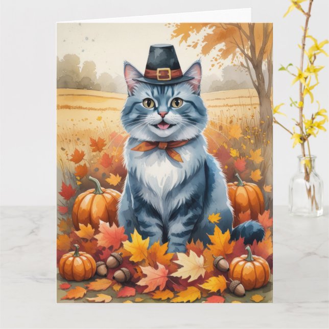 Tarjeta Otoño de gato azul ruso deja arte de Acción de Gra (flor amarilla)