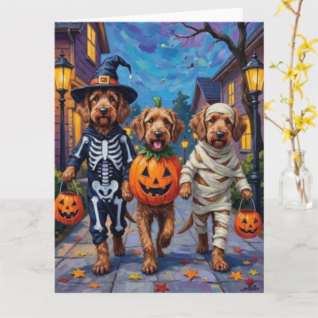 Tarjeta Otterhound pidiendo dulces con disfraces de Hallow (flor amarilla)