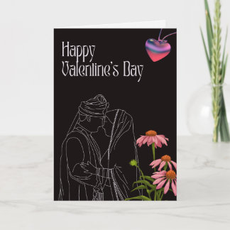 Tarjeta Outline of a couple with bright Flowers valentine