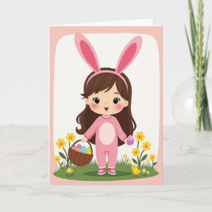 Tarjeta oval de primavera con conejo rosa
