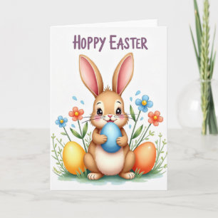 Tarjeta oval floral de conejito feliz