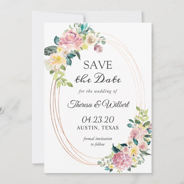 Tarjeta oval floral pastel para guardar la fecha (Anverso)