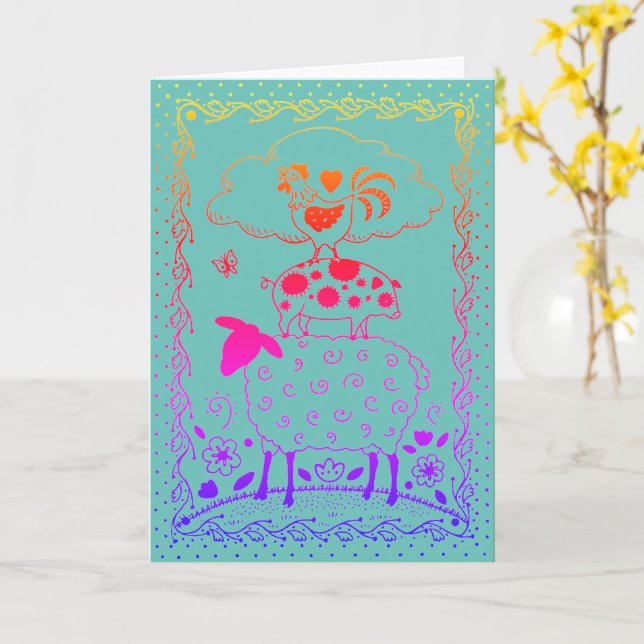 TARJETA OVEJA DE ANIMALES DE AGRICULTURA DE ARTE FOLLAR, C (flor amarilla)