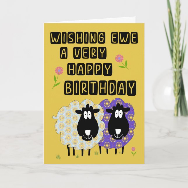 Tarjeta Oveja de cumpleaños y flores (Anverso)
