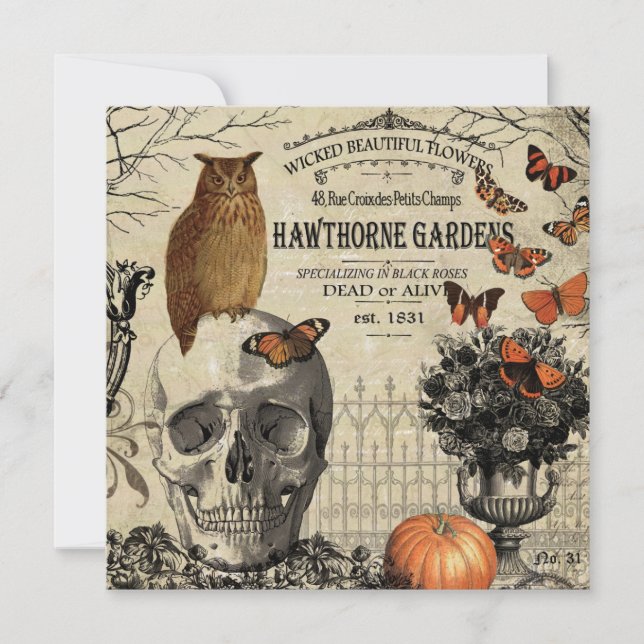 Tarjeta Oveja y cráneo vintage moderna de Halloween (Anverso)