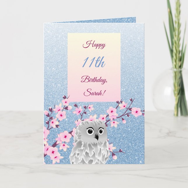 Tarjeta Owl Cherry Blossoms Happy Birthday Blue Glitter (Anverso)