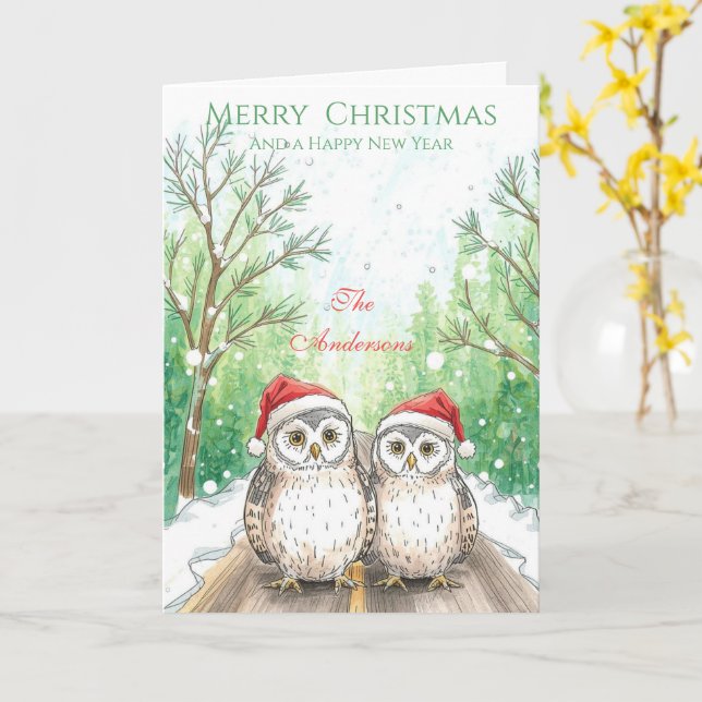 Tarjeta  Owl Family Christmas Card – Green Woodland Owls (flor amarilla)